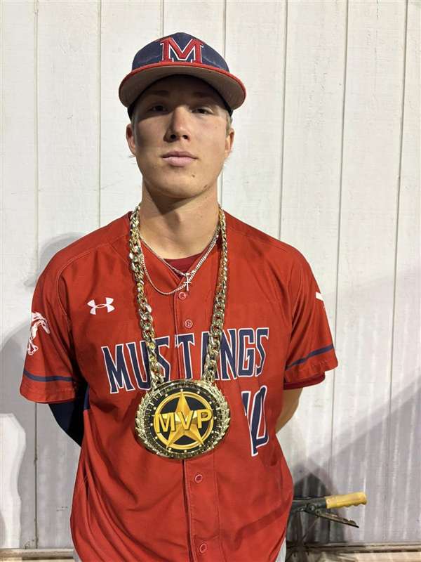 Medford Mustangs 2025 player with MVP chain