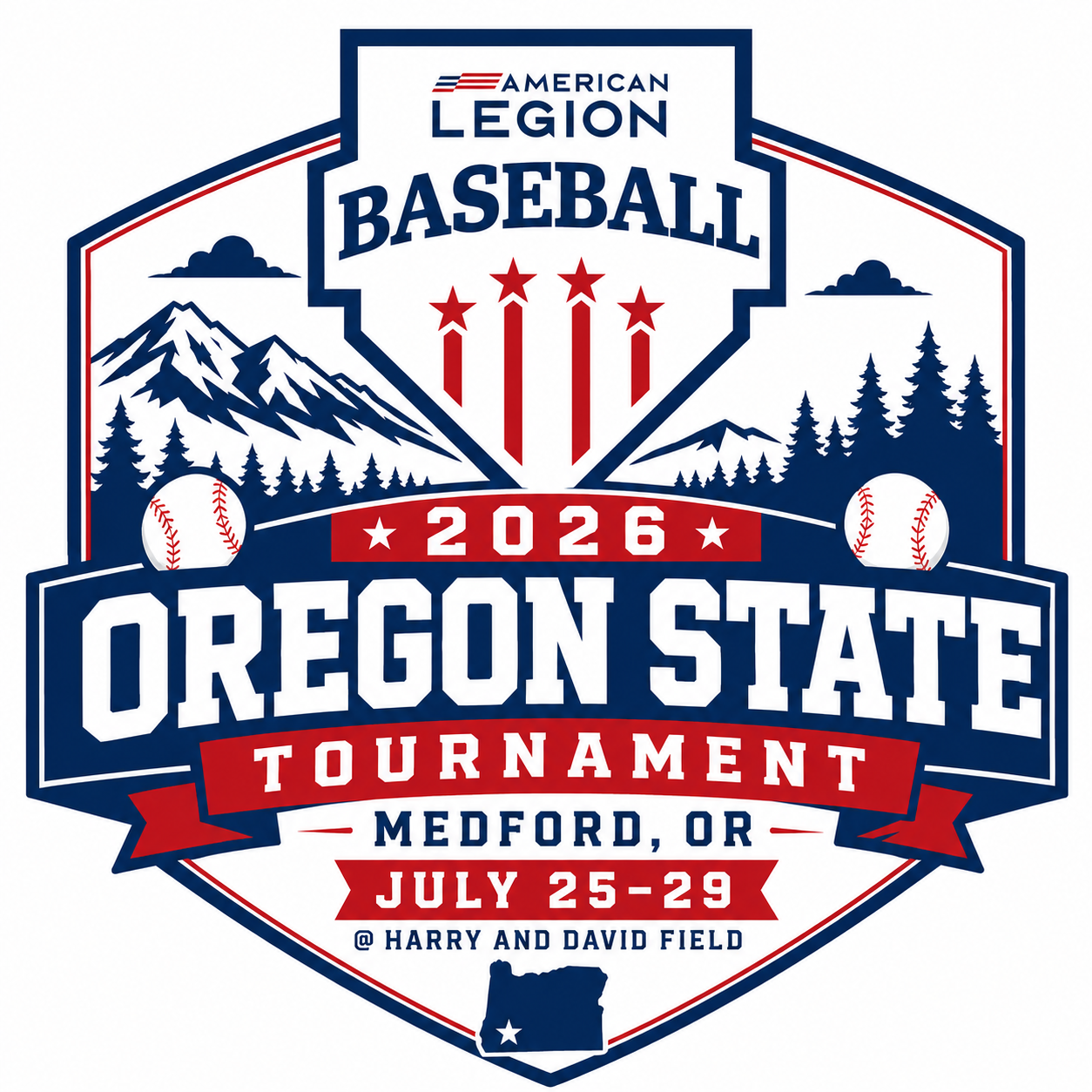 2026 Oregon State Tournament official logo &mdash; American Legion Baseball, Medford OR, July 25&ndash;29 at Harry and David Field